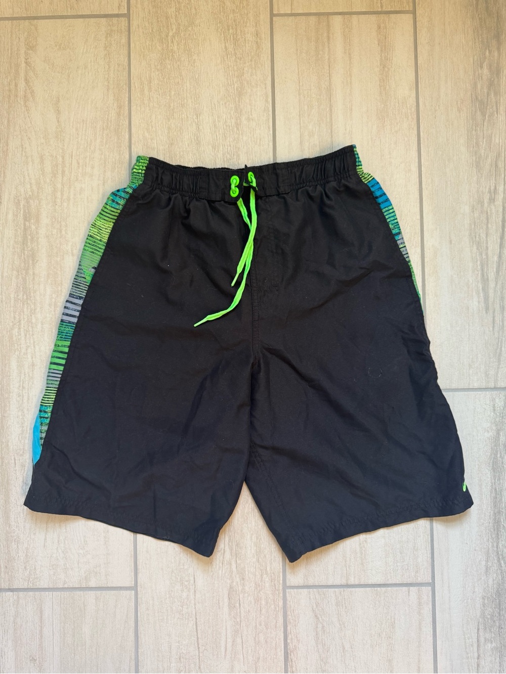 Nike Black Athletic Shorts with Neon Green Drawstring and Teal Accents